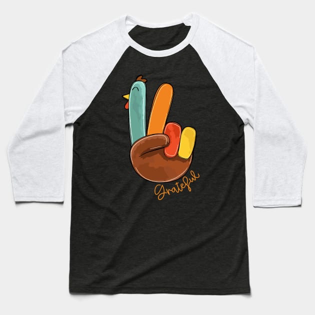 Peace Sign Turkey Greatful Retro Thanksgiving Turkey Baseball T-Shirt by TrikoCraft